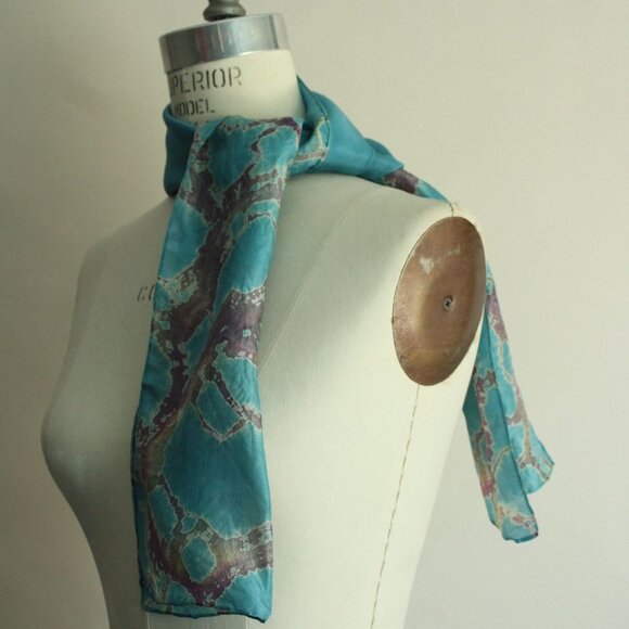 Vintage Silk Scarf, Blue and Purple Watercolor Print Rectangle Wrap - Picture 7 of 10